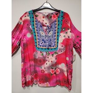 John Mark NWT Tunic Blouse Womens 1X Cinch-tie Long Sleeve Floral Print Pink